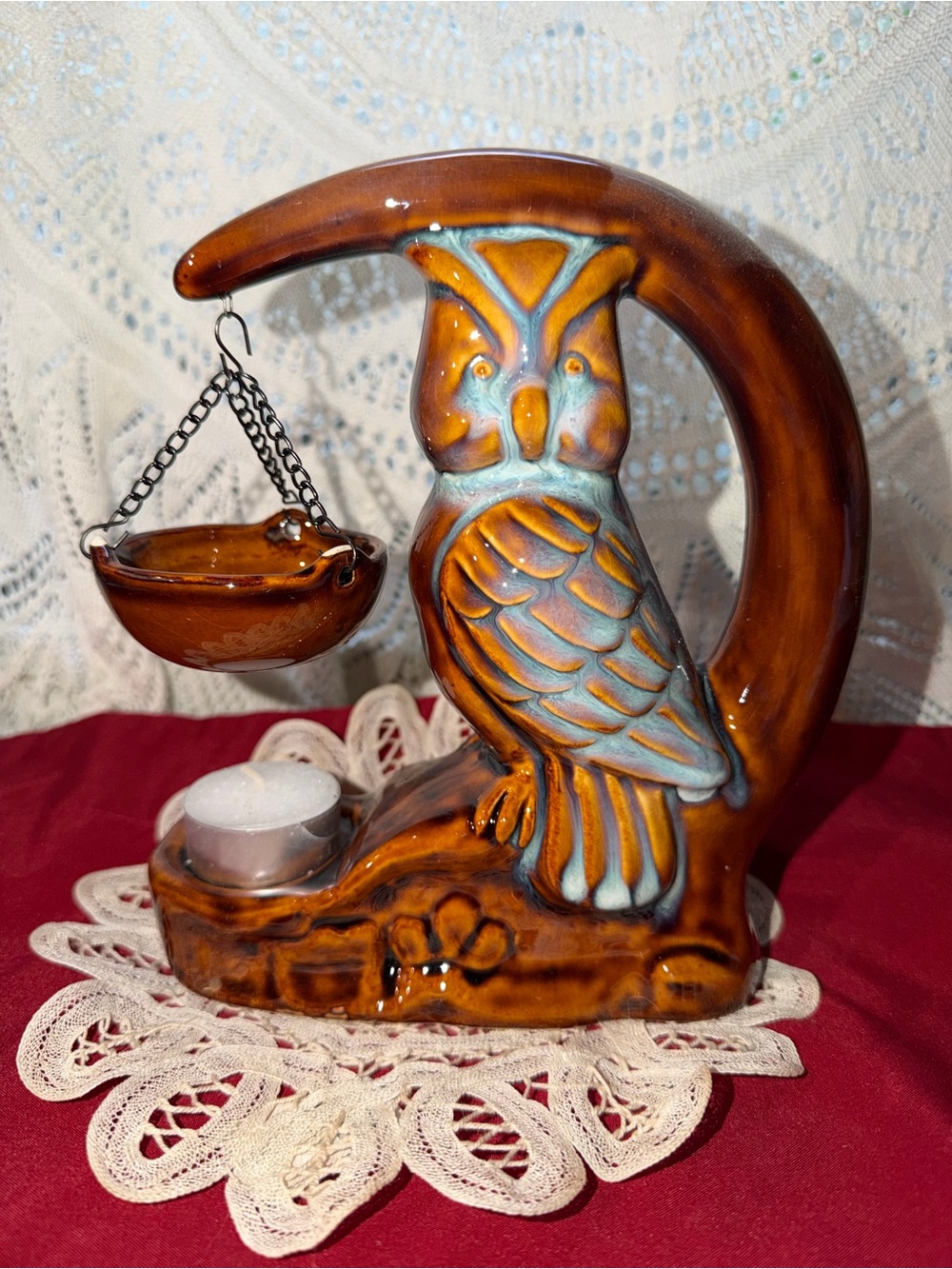 Source Unknown Brown and Aqua Ceramic Owl Oil Warmer